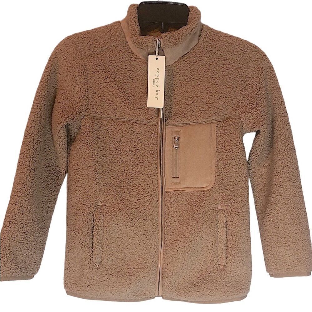 KIDS Girl Copper Key Khaki Tan Beige Faux Fur Jacket Coat Front Pocket